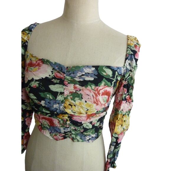 Zara S The Dora Blouse Floral Crop Top Black Red Yellow Pink Rainbow Summer - Picture 4 of 5